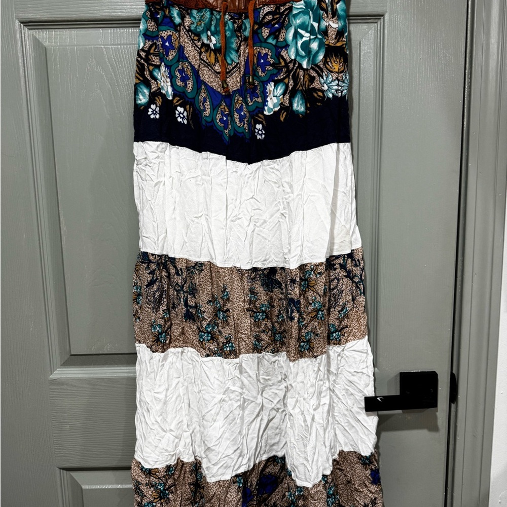 Tiered Floral Maxi Skirt in Teal, Black & White
